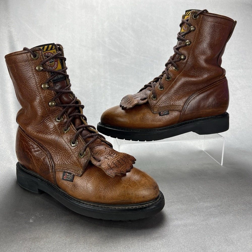 Vintage Justin Work Boots Conductor Men 7 C 0762 USA Made Brown Leather Kiltie